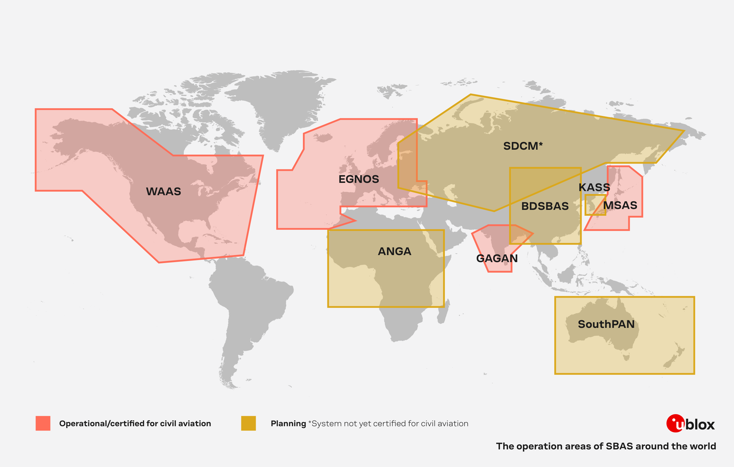 u-blox sbas technology: visualization of the operation areas of sbas around the world