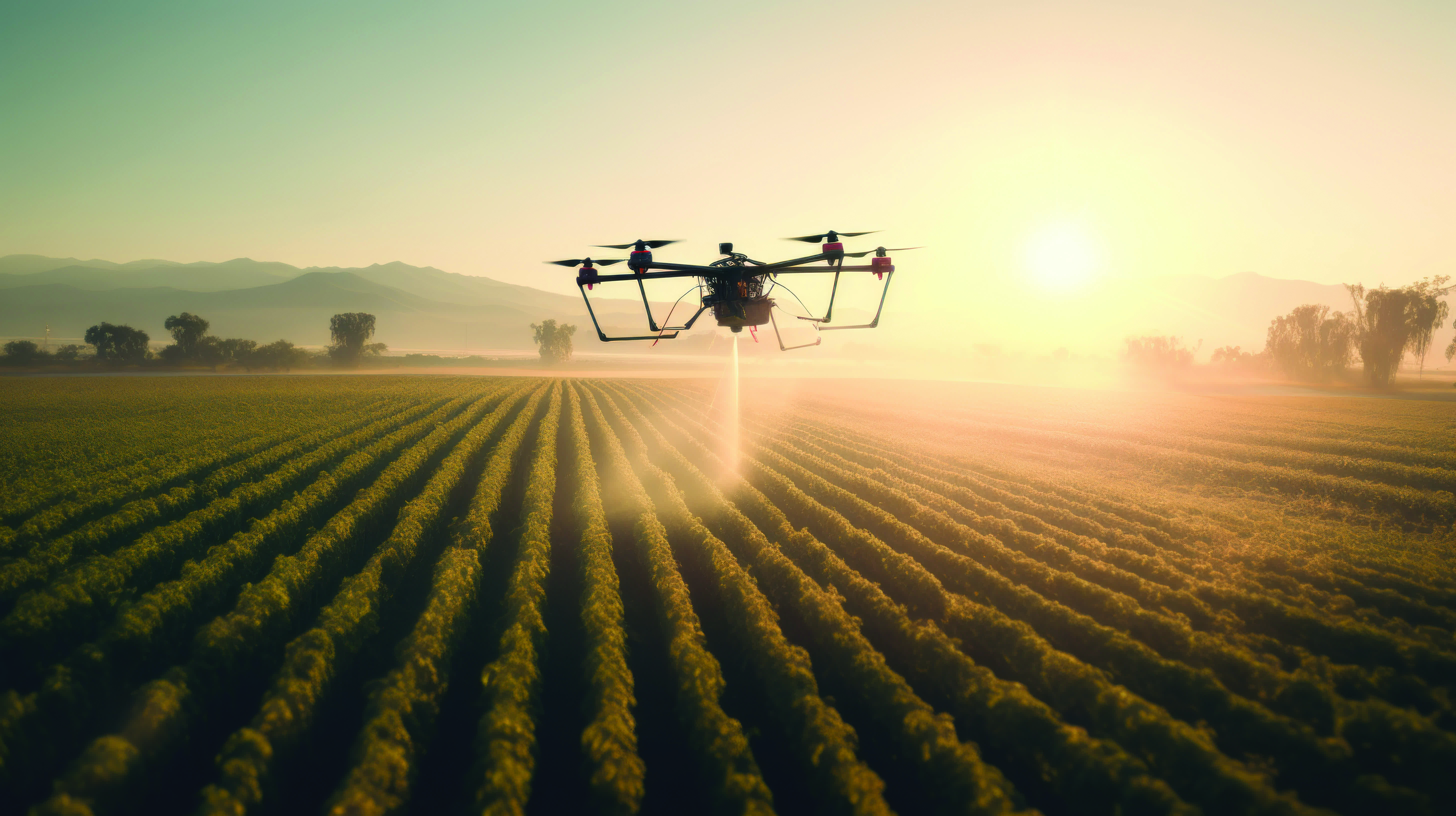 drone spraying fields at sunset