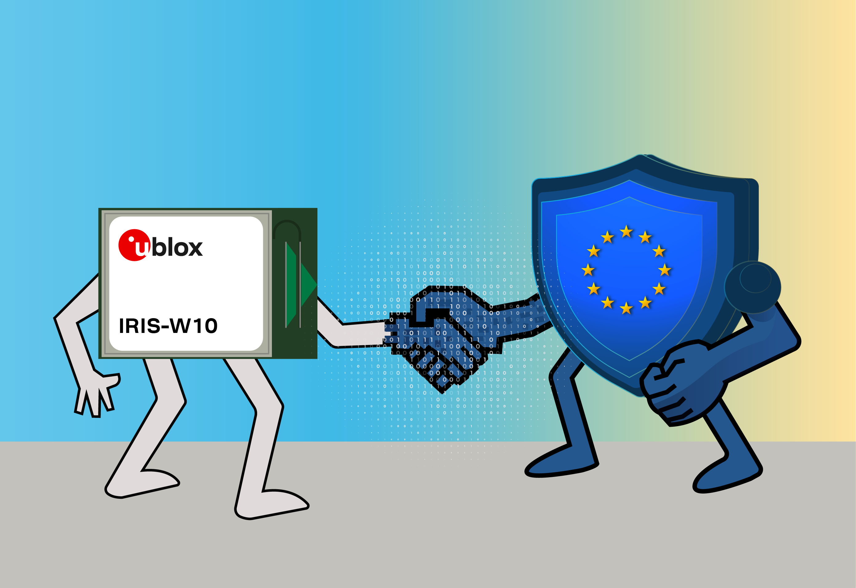 u-blox IRIS-W10 module personified, shaking hands with a digital EU cybersecurity shield, symbolizing compliance with RED directive