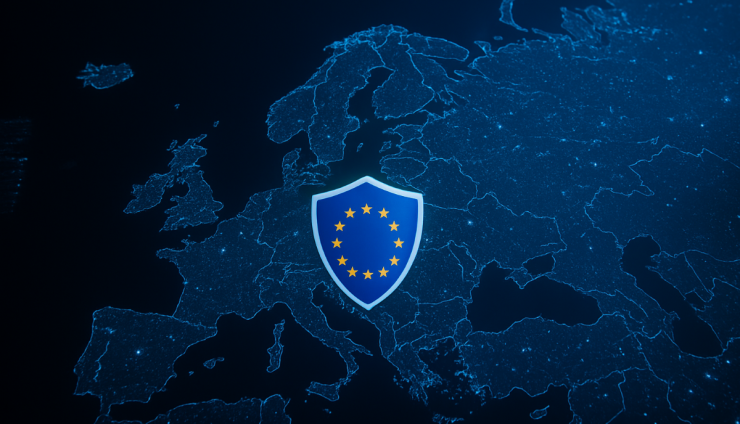 Illustration of Europe with satellites connected to a digital shield symbolizing EU cybersecurity regulation under the RED directive